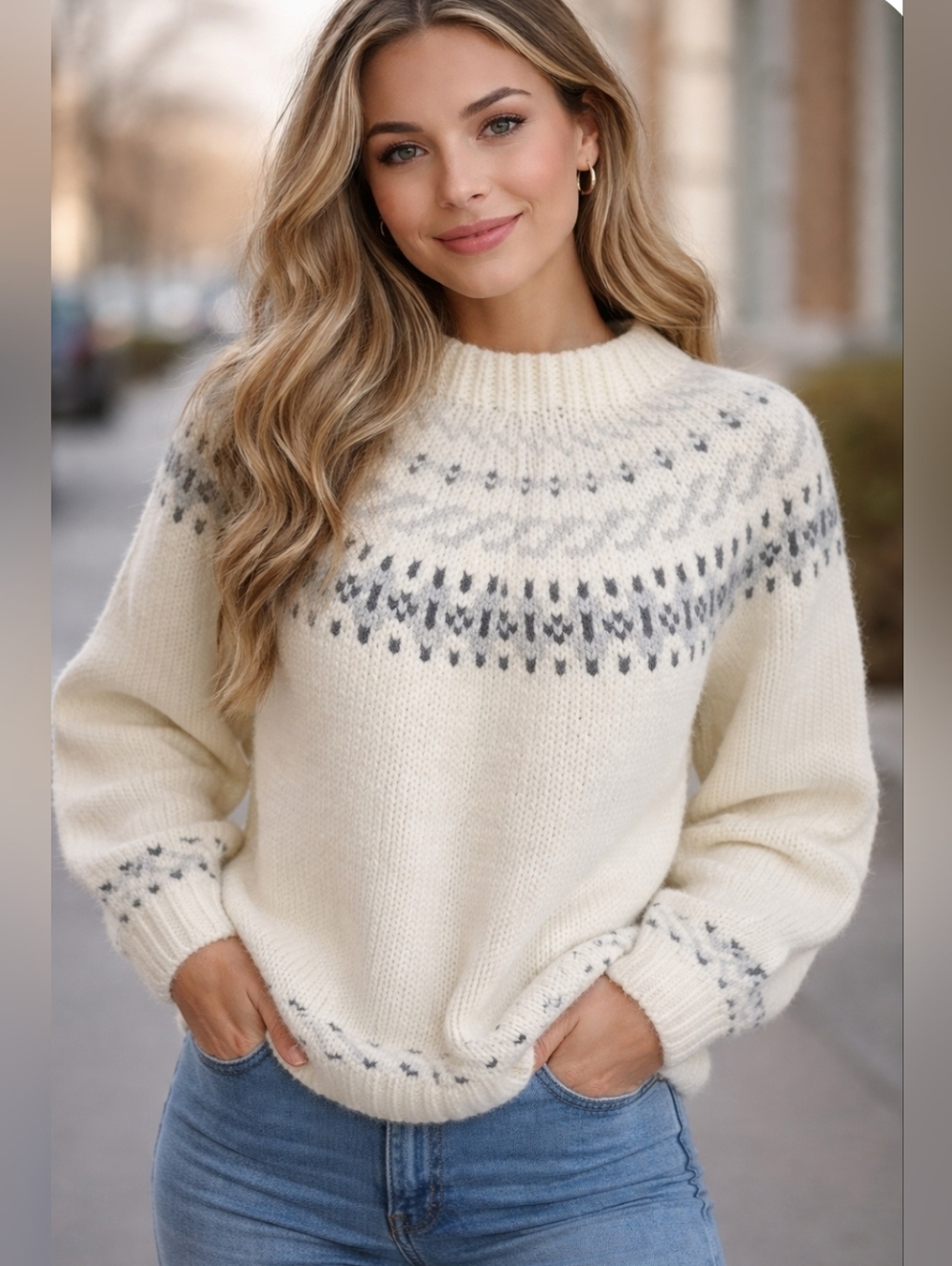 Handmade White and Grey Fair Isle Cottagecore Knit Crew Neck Sweater